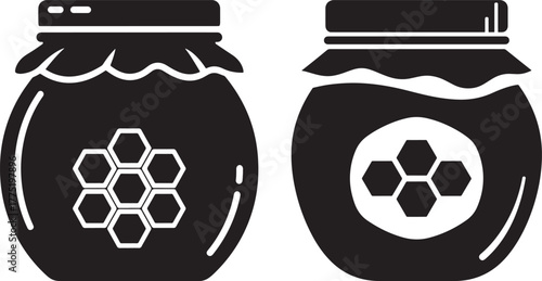 Two jars of honey with honeycomb pattern silhouette