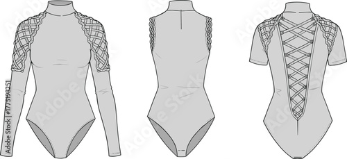 Lace-up bodysuit fashion sketch with long and short sleeves, stylish cutout back, cad vector drawing, technical flat illustration