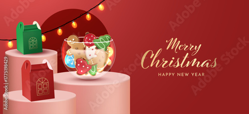 Cozy Christmas composition with gifts, and cookies red and green setting, festive winter background for greeting card or poster.