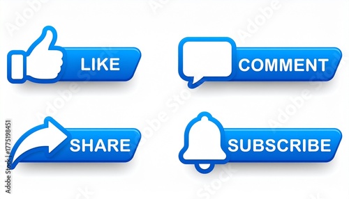 Blue social media buttons for Like, Comment, Share, Subscribe.