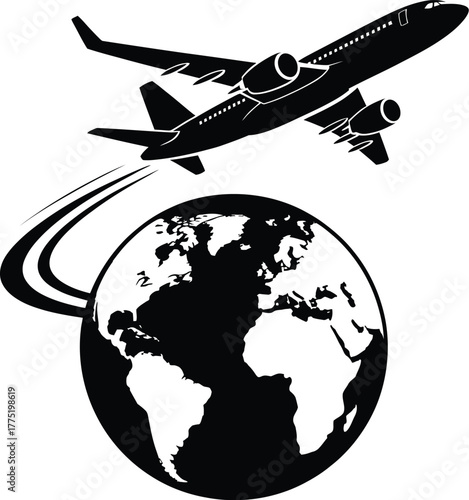 Airplane flying over the earth silhouette isolated on white background