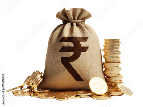 Bag of indian rupees isolated on transparent background