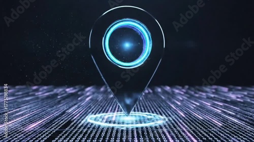 Glowing Neon Location Pin Rotating Over Futuristic Data Grid Animation