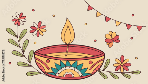 Diwali Festival Decoration Scene — elegant oil lamps illuminating colorful floral designs and golden ornaments, soft glowing light symbolizing joy, peace, and prosperity during the Festival of Lights