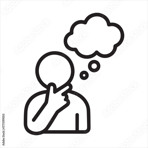 Thinking figure with hand on chin and thought bubble outline icon vector