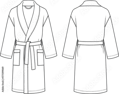 Bathrobe front and back view technical sketch, belt and pocket design, fashion garment template, cad drawing flat vector illustration