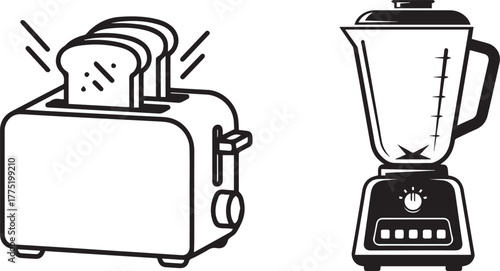 Black and White Vector Illustration of Modern Kitchen Appliances Icons