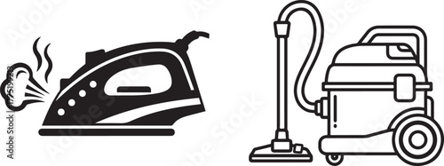 Monochrome Vector Icons of Steam Iron and Vacuum Cleaner Appliances