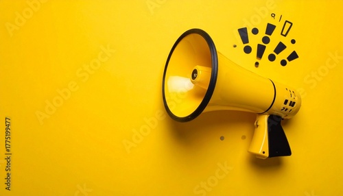 Yellow megaphone with black handle and illustrated exclamation marks on solid yellow background.