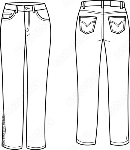 Jeans cad drawing, denim flat sketch, technical fashion illustration, front back view jeans, vector outline, menswear garment design