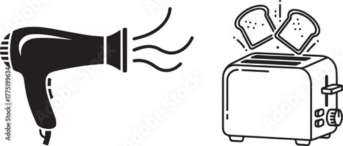Minimalist Black and White Icons of Hair Dryer and Toaster with Toast