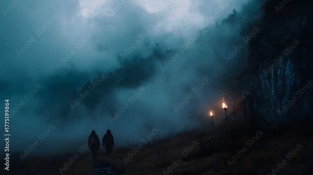 Obraz premium Two silhouetted figures walk through a misty mountain landscape illuminated by flickering torches at dusk