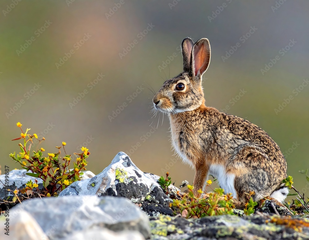 Fototapeta premium A wild rabbit with prominent ears sits on rocks with wildflowers and blurred green background