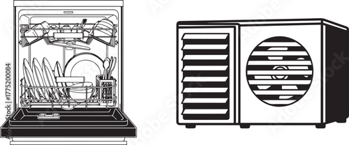 Monochrome Vector Illustrations of Home Dishwasher and Outdoor Air Conditioner Unit