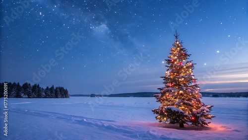 A brightly lit christmas tree stands majestically in a snowcovered landscape under a starry night sky, creating a serene and magical winter scene