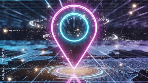 Glowing Neon Location Pin Rotating Over Futuristic Data Grid Animation