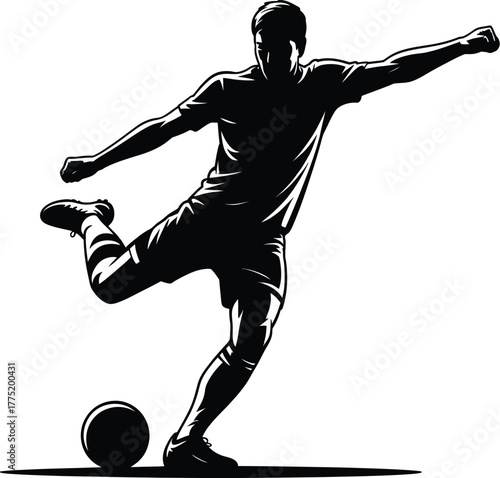 Soccer player kicking ball silhouette isolated on white background