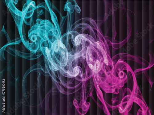 Abstract swirling smoke with vibrant neon blue and pink colours against a dark background