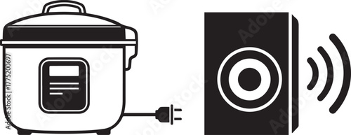 Monochromatic Outline Cooker and Solid Speaker Icons Set