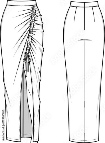 Side ruched skirt flat sketch front and back view, fashion CAD drawing, long slit skirt vector illustration for design