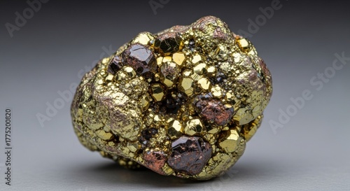 A beautiful macro specimen of raw pyrite (fool's gold) crystals with dark inclusions, showing its golden, metallic facets on a grey background.