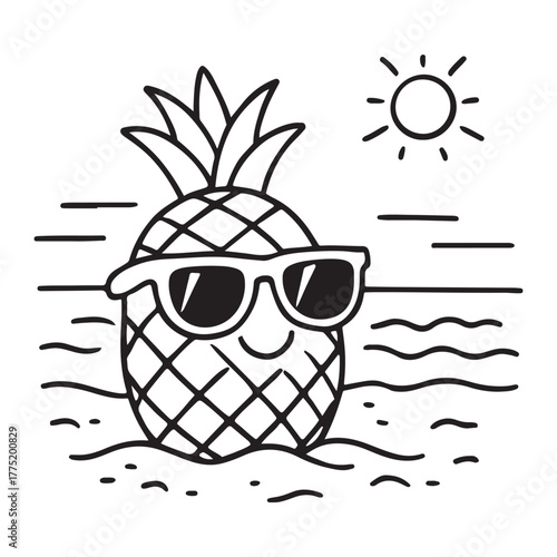 Fruit with sunglasses on a beach line art vector