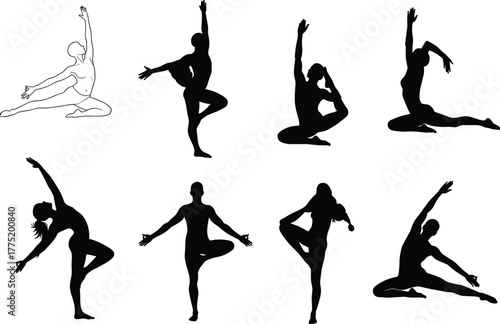 Flat vector yoga poses silhouettes, meditation stretching balance illustration, fitness flexibility workout wellness exercise design set
