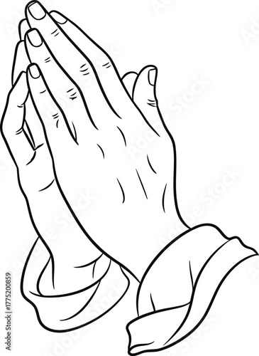 Line art illustration of praying hands in a religious and spiritual context