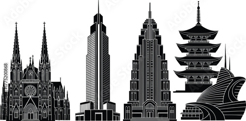 Architectural styles collection, gothic cathedral, modern skyscraper, art deco building, Japanese pagoda, futuristic structure, global design, cultural architecture