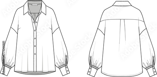 Women’s blouse technical flat sketch, balloon sleeve, button front, shirt collar, cuff detail, vector fashion drawing, front back view