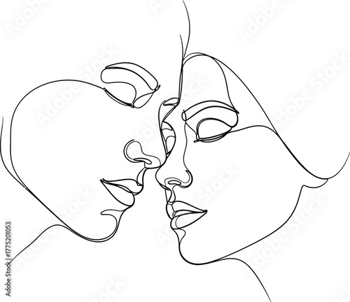 Minimalist line art drawing of two faces in love and intimacy on white background