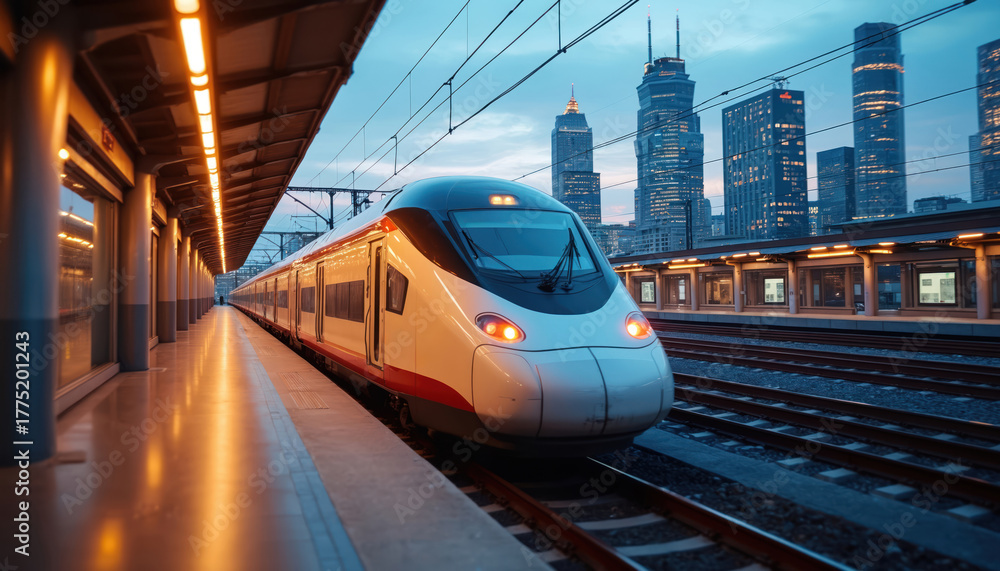 Fototapeta premium High-speed train arrives at modern city station during twilight. Illuminated platforms showcase urban skyline reflecting in wet tracks. Dynamic travel scene, progress, connectivity. Ideal for