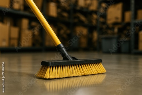 Wallpaper Mural Yellow Broom on Clean Floor in Warehouse with Stacked Boxes in Background for Cleaning and Maintenance Use Torontodigital.ca