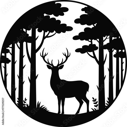 Deer in forest silhouette isolated on white background