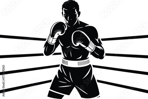 Boxing silhouette of a fighter in a ring isolated on white background