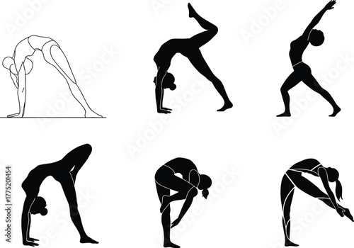 Yoga poses, anatomical illustration, fitness exercise, stretching routine, wellness lifestyle, body flexibility, balance training, flat vector