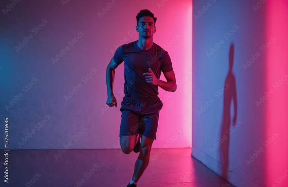 Obraz premium Young fit man athlete in dark sportswear runs forward in motion. Trains actively in studio. Dynamic neon light background features vibrant pink, blue colors. Image shows sport activity, healthy
