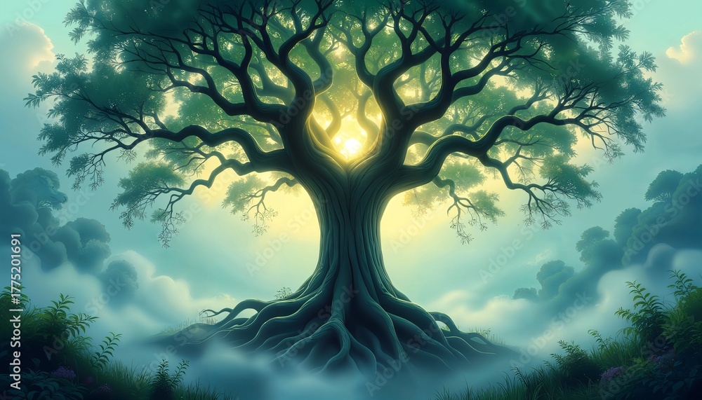 Fototapeta premium A majestic tree stands tall, bathed in a warm, golden light that emanates from its branches. The serene atmosphere evokes a sense of peace and connection with nature.