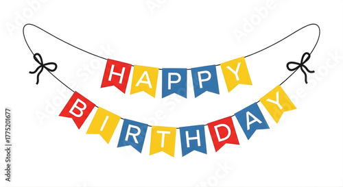 Birthday banner with colorful flags and letters spelling happy birthday