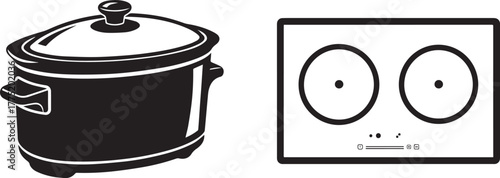 Monochromatic Cooking Pot and Two-Burner Cooktop Flat Icons