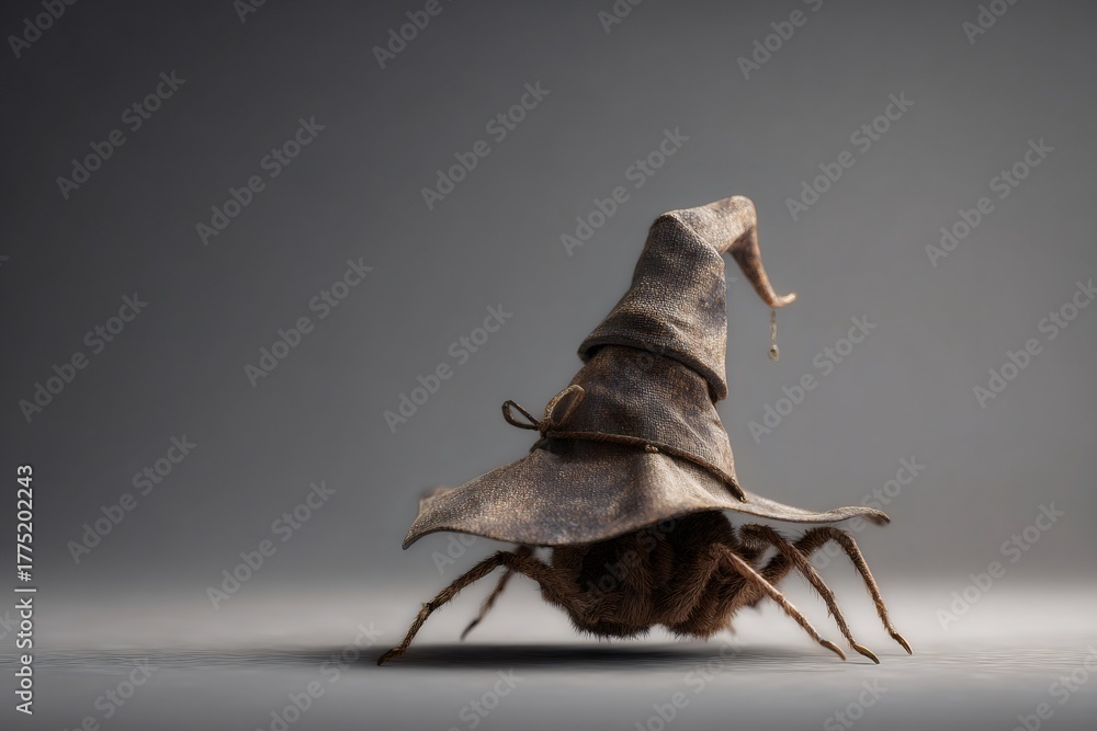 Obraz premium Hairy spider with eight legs wearing a textured fabric witch hat, walking on a plain surface, creating a playful halloween icon
