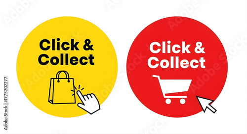 Click and collect icons shopping bag and cart cursor pointer