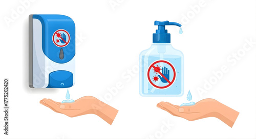 Sanitizer dispenser and bottle hands under hygiene product