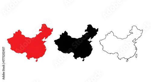 China map outline in red black and white country silhouette