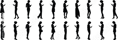 Collection of Diverse Female Silhouettes Using Mobile Phones: Communication, Technology, Connectivity, Modern Lifestyle, Social Media, Digital Device, People, 