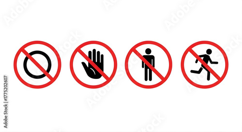 Prohibition signs set no entry no running no stopping no entry