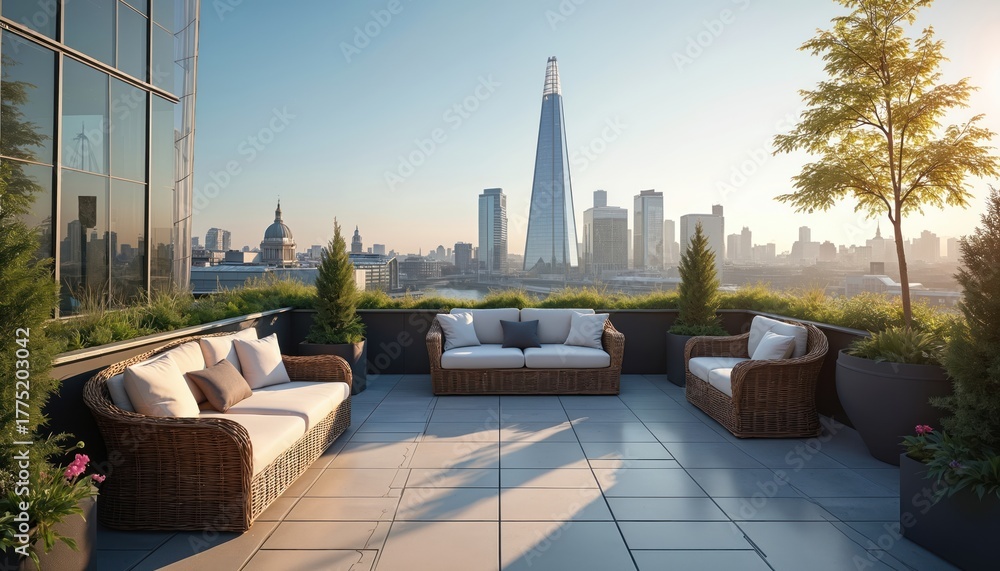 Obraz premium London rooftop terrace view on skyline. Modern architecture blends with city buildings. Lounge space offers seating with plants on sunny day. Urban garden design provides relaxation zone at summer.
