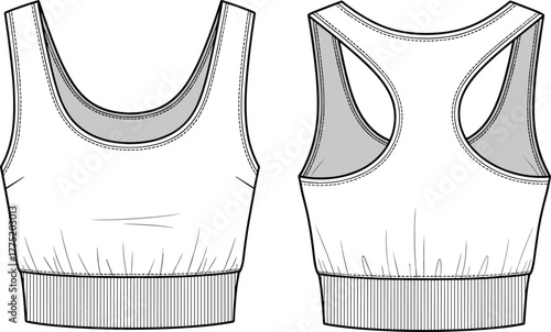 Front and back view of sports bra top, detailed technical flat sketch, perfect for activewear, fitness, and fashion design use
