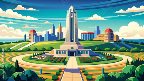 Very beautiful National WWI Museum and Memorial in Kansas City, Missouri, United States, showcasing the tall Liberty Memorial Tower, historic architecture, and manicured green lawns under a clear sky.