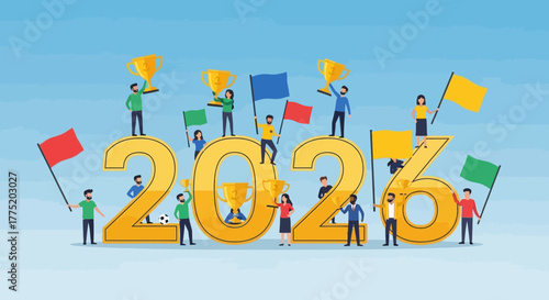 2026 celebration with trophies and flags